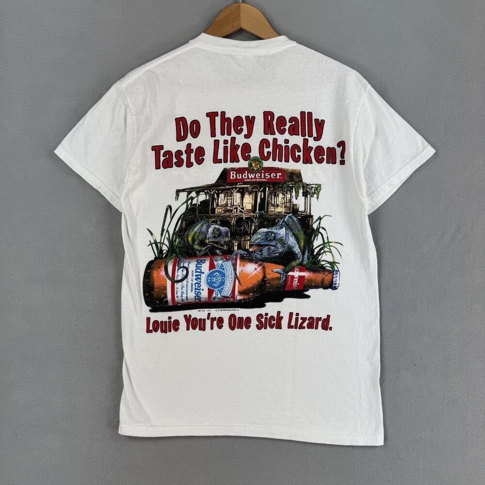 Vintage Budweiser Shirt Mens Medium White Lizard Louie Chicken Beer Graphic 1998